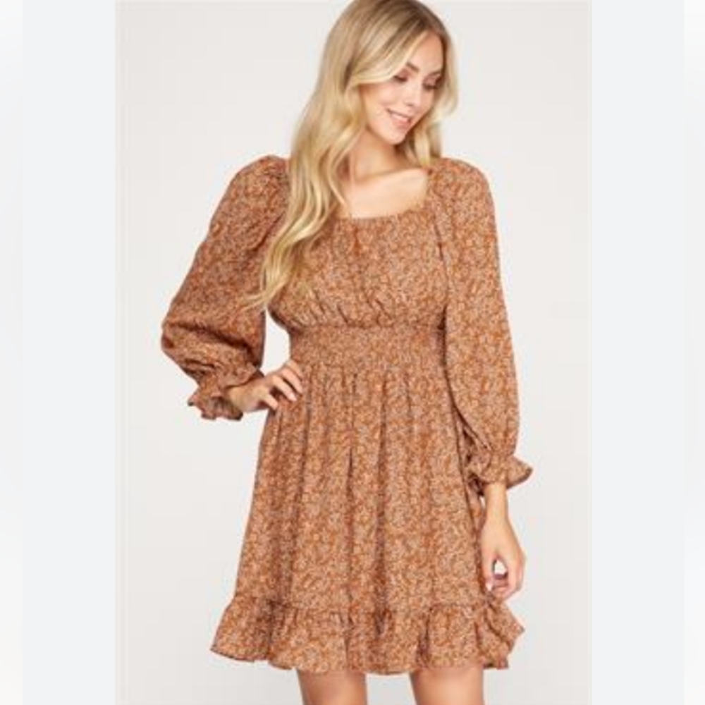 She + Sky Burnt Orange Ivy Patterned Smocked Ruffle Dress